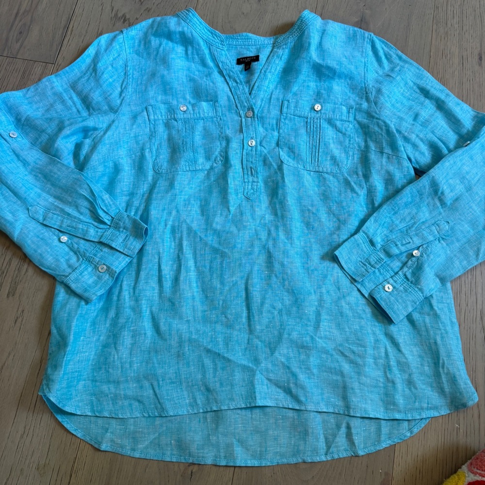 Talbots Petite Large Turquoise 100% Linen Roll Tab Sleeve Popover Tunic‎ Top